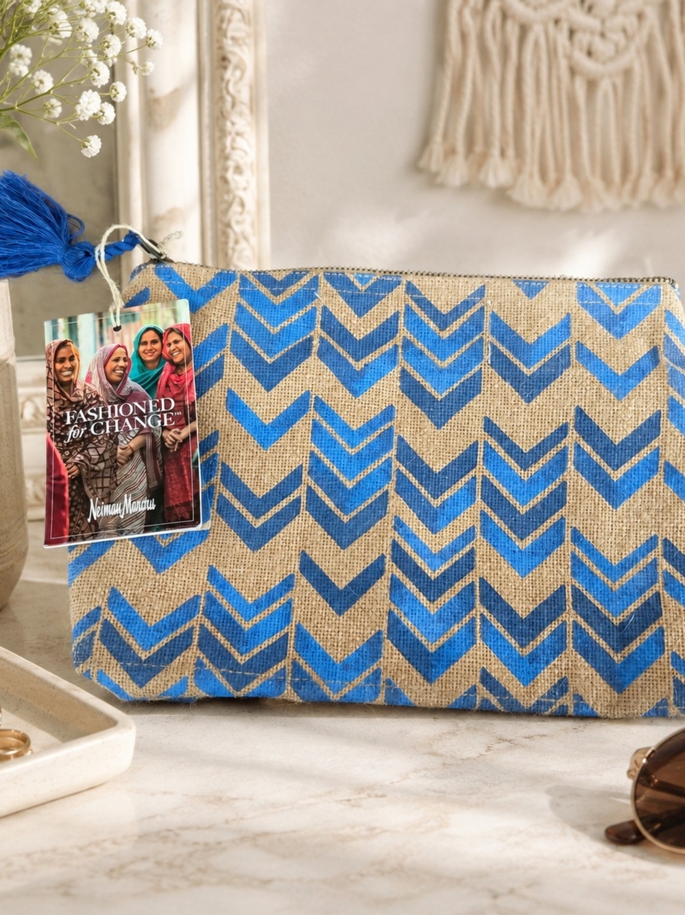 Neiman Marcus Blue Chevron Jute Cosmetic Pouch with Tassel